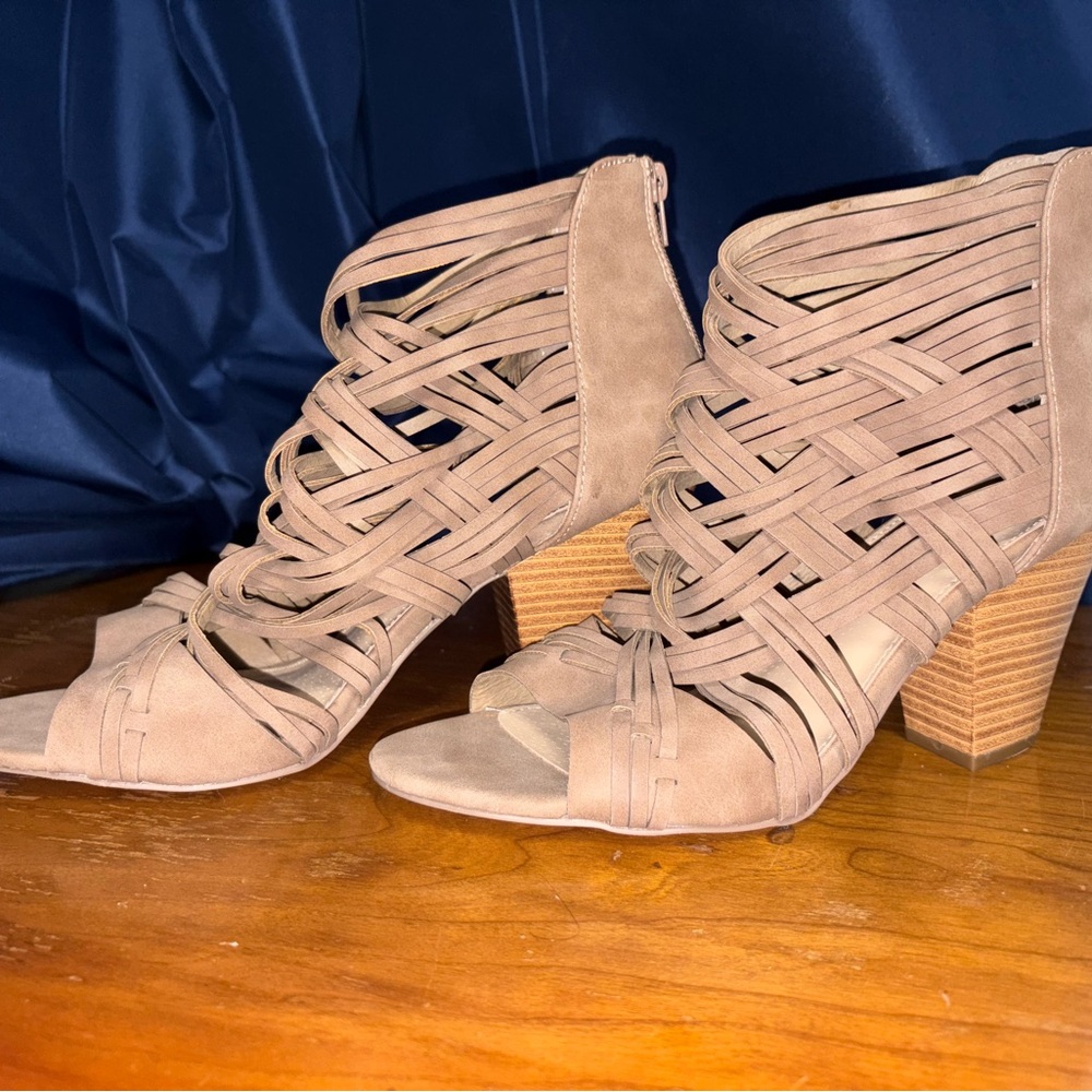 JustFab Taupe Strappy Block Heels